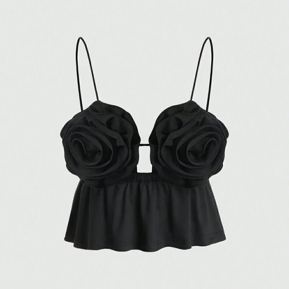Black Sexy Women's Hollow Out Front Tank Top With 3d Flower Decor